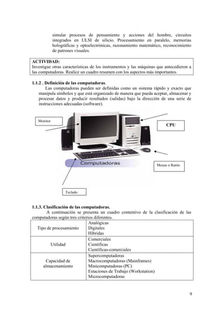 9
simular procesos de pensamiento y acciones del hombre, circuitos
integrados en ULSI de silicio. Procesamiento en paralelo, memorias
holográficas y optoelectrónicas, razonamiento matemático, reconocimiento
de patrones visuales.
ACTIVIDAD:
Investigue otras características de los instrumentos y las máquinas que antecedieron a
las computadoras. Realice un cuadro resumen con los aspectos más importantes.
1.1.2 . Definición de las computadoras.
Las computadoras pueden ser definidas como un sistema rápido y exacto que
manipula símbolos y que está organizado de manera que pueda aceptar, almacenar y
procesar datos y producir resultados (salidas) bajo la dirección de una serie de
instrucciones adecuadas (software).
1.1.3. Clasificación de las computadoras.
A continuación se presenta un cuadro contentivo de la clasificación de las
computadoras según tres criterios diferentes.
Tipo de procesamiento
Analógicas
Digitales
Híbridas
Utilidad
Comerciales
Científicas
Científicas-comerciales
Capacidad de
almacenamiento
Supercomputadoras
Macrocomputadoras (Mainframes)
Minicomputadoras (PC)
Estaciones de Trabajo (Workstation)
Microcomputadoras
Monitor
Teclado
Mouse o Ratón
CPU
 