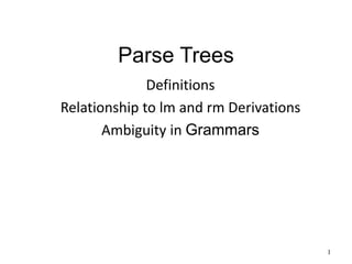 1
Parse Trees
Definitions
Relationship to lm and rm Derivations
Ambiguity in Grammars
 