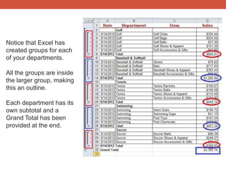 Notice that Excel has
created groups for each
of your departments.

All the groups are inside
the larger group, making
this an outline.

Each department has its
own subtotal and a
Grand Total has been
provided at the end.
 