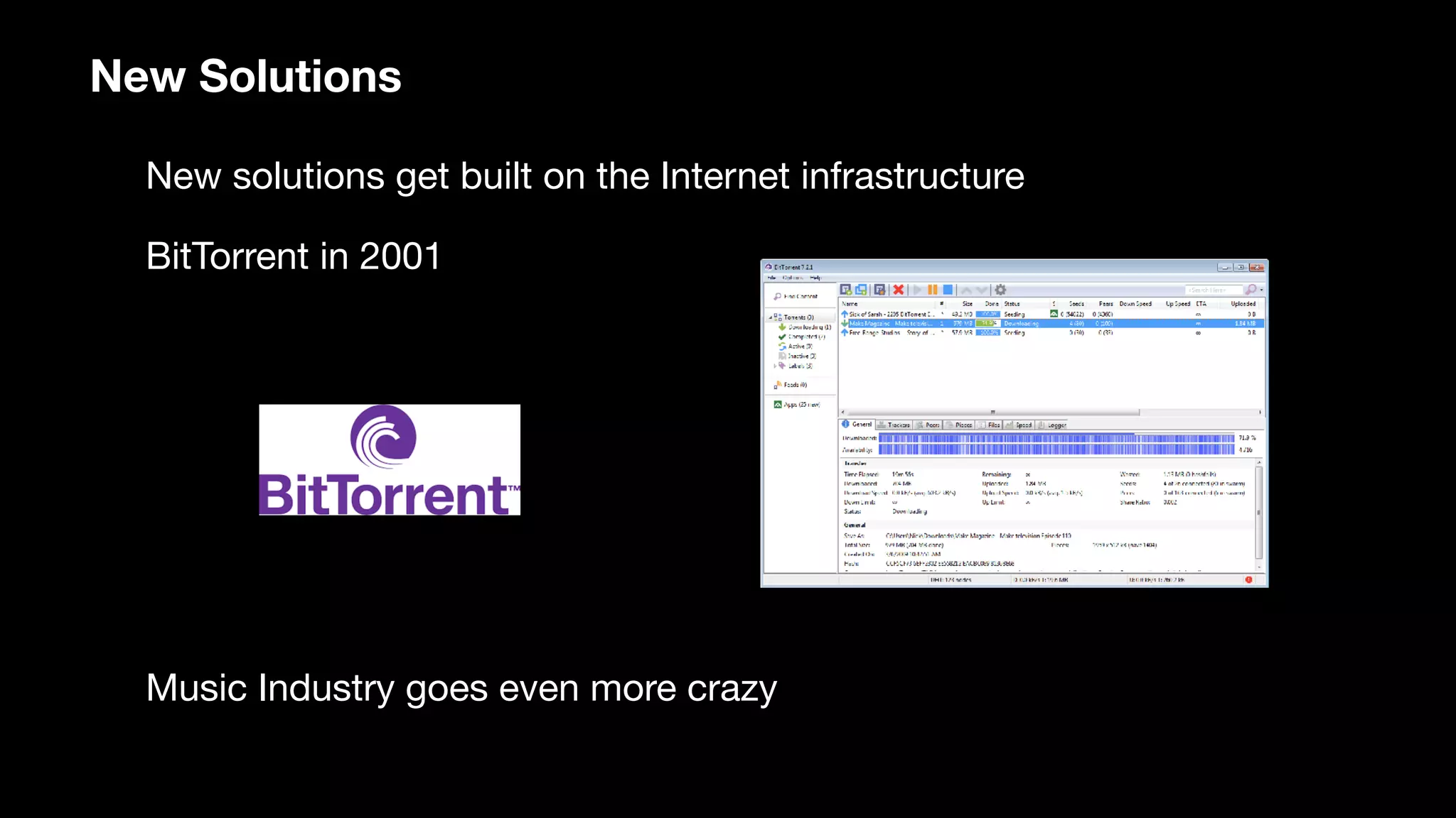 New Solutions
New solutions get built on the Internet infrastructure
BitTorrent in 2001
Music Industry goes even more crazy
 