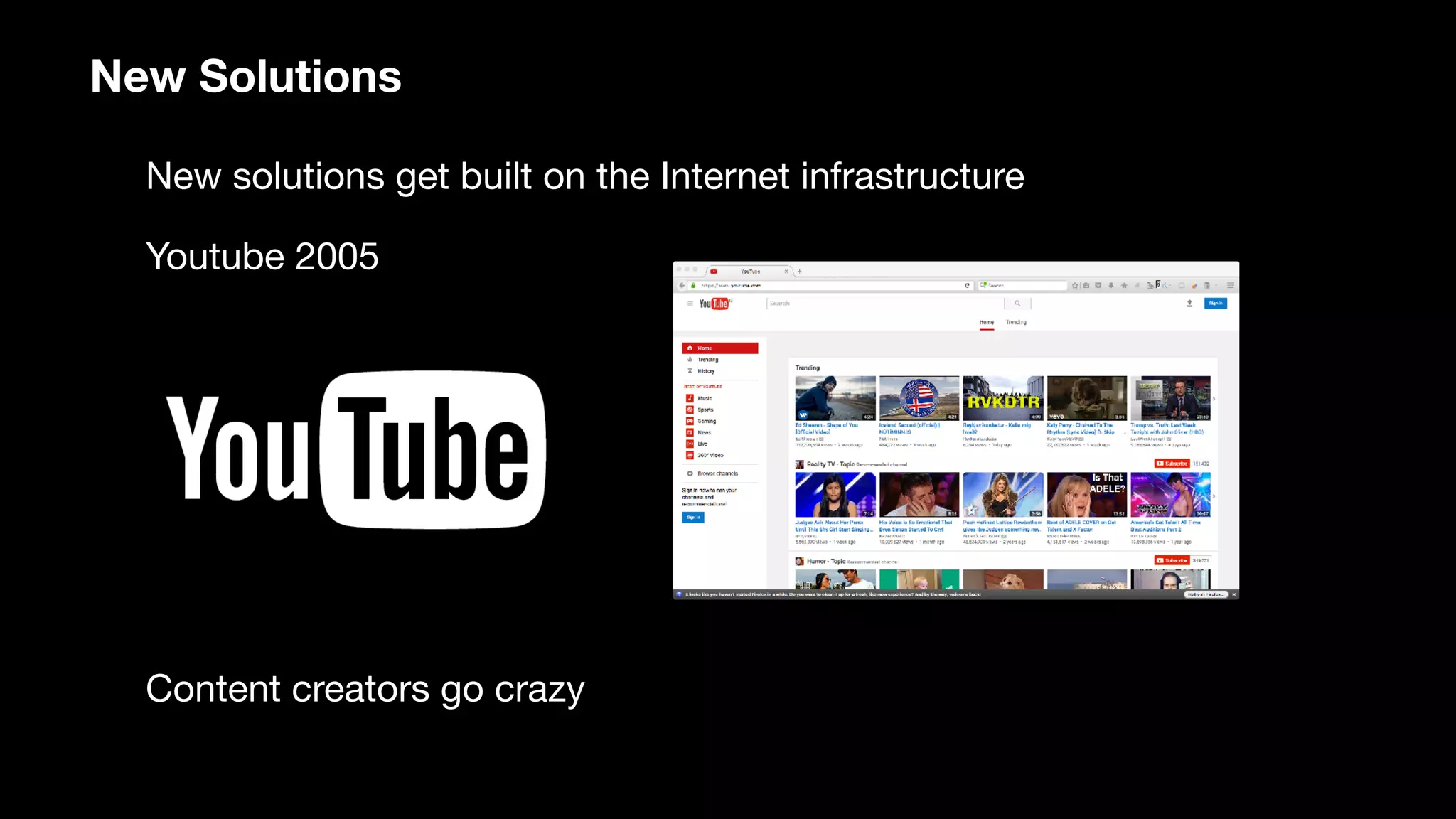 New Solutions
New solutions get built on the Internet infrastructure
Youtube 2005
Content creators go crazy
 