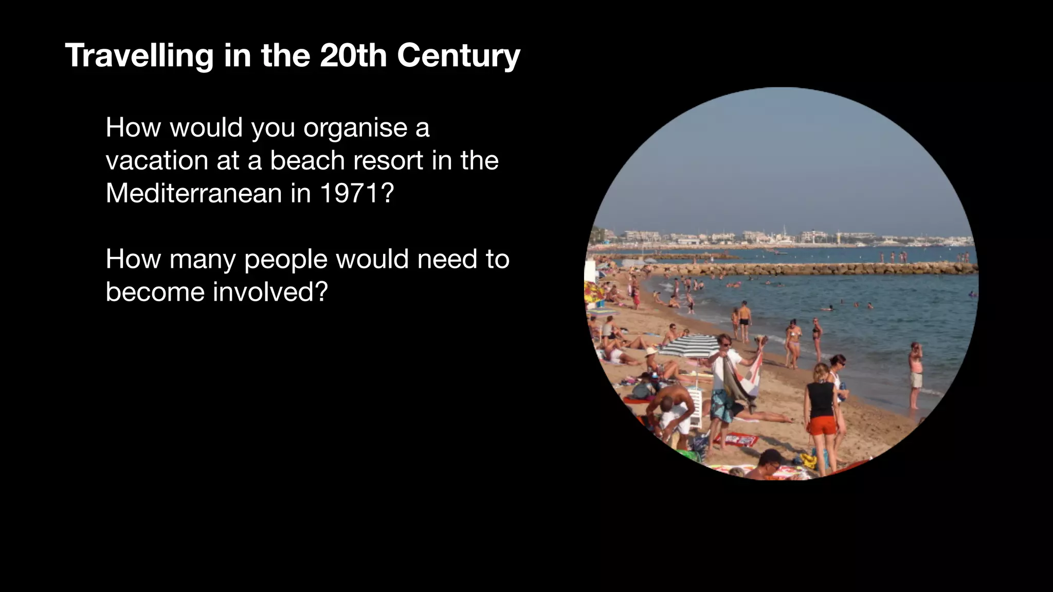Travelling in the 20th Century
How would you organise a
vacation at a beach resort in the
Mediterranean in 1971?

How many people would need to
become involved?
 