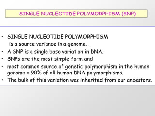 SINGLE NUCLEOTIDE POLYMORPHISM (SNP)



• SINGLE NUCLEOTIDE POLYMORPHISM
   is a source variance in a genome.
• A SNP is a single base variation in DNA.
• SNPs are the most simple form and
• most common source of genetic polymorphism in the human
  genome = 90% of all human DNA polymorphisms.
• The bulk of this variation was inherited from our ancestors.
 
