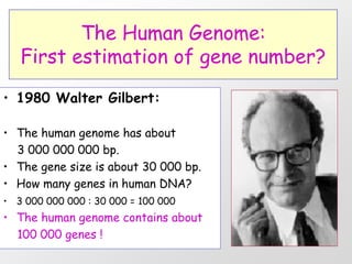 The Human Genome:
   First estimation of gene number?

• 1980 Walter Gilbert:

• The human genome has about
  3 000 000 000 bp.
• The gene size is about 30 000 bp.
• How many genes in human DNA?
• 3 000 000 000 : 30 000 = 100 000
• The human genome contains about
  100 000 genes !
 