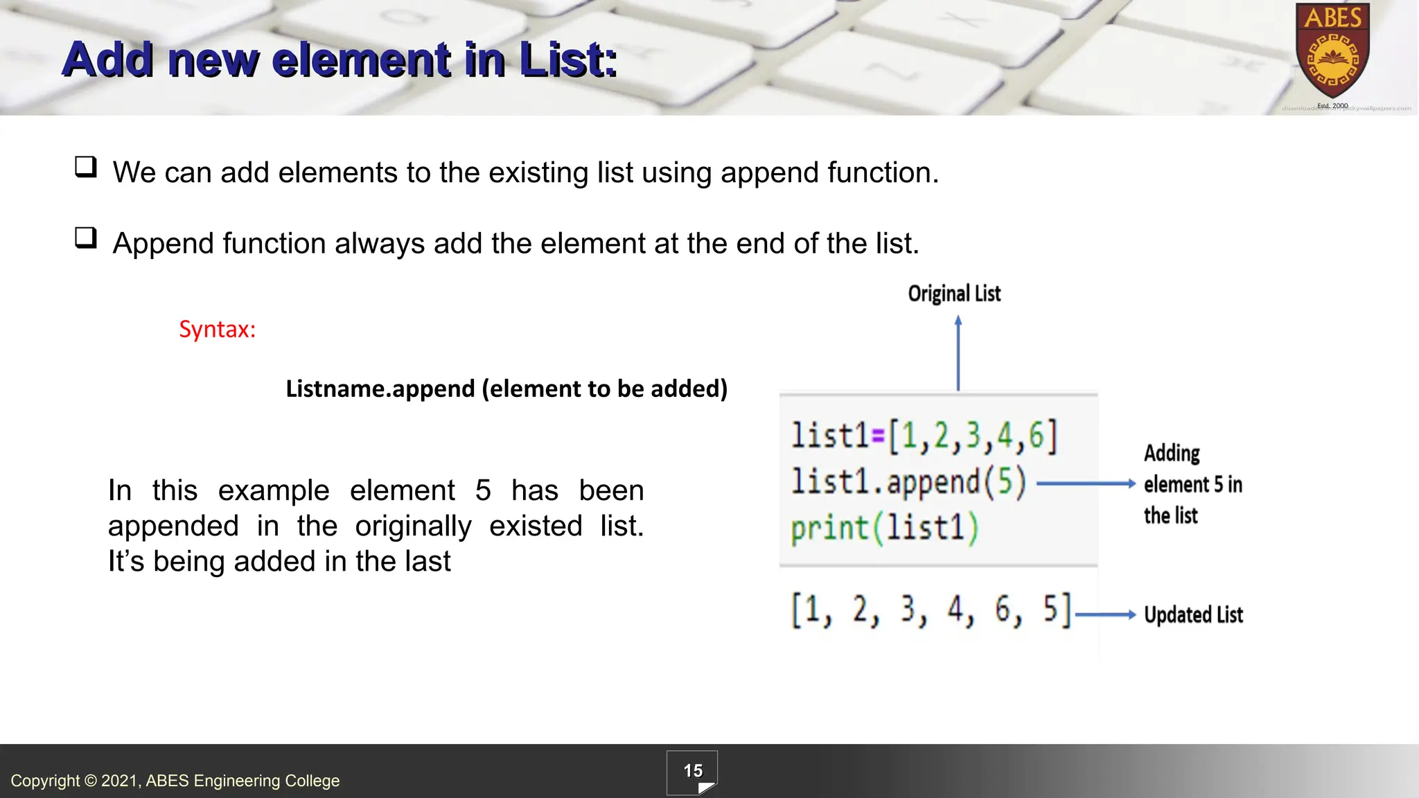 Copyright © 2021, ABES Engineering College
15
Add new element in List:
 We can add elements to the existing list using append function.
 Append function always add the element at the end of the list.
Syntax:
Listname.append (element to be added)
In this example element 5 has been
appended in the originally existed list.
It’s being added in the last
 