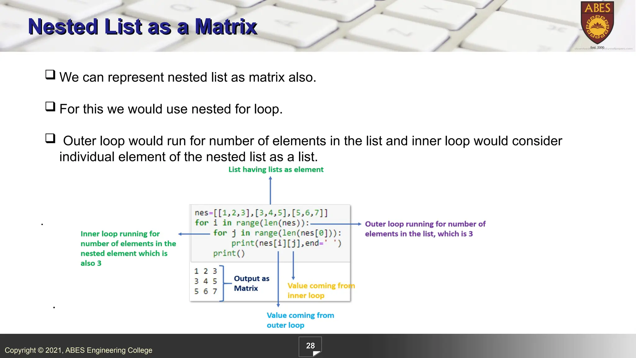 Copyright © 2021, ABES Engineering College
28
Nested List as a Matrix
 We can represent nested list as matrix also.
 For this we would use nested for loop.
 Outer loop would run for number of elements in the list and inner loop would consider
individual element of the nested list as a list.
.
.
 