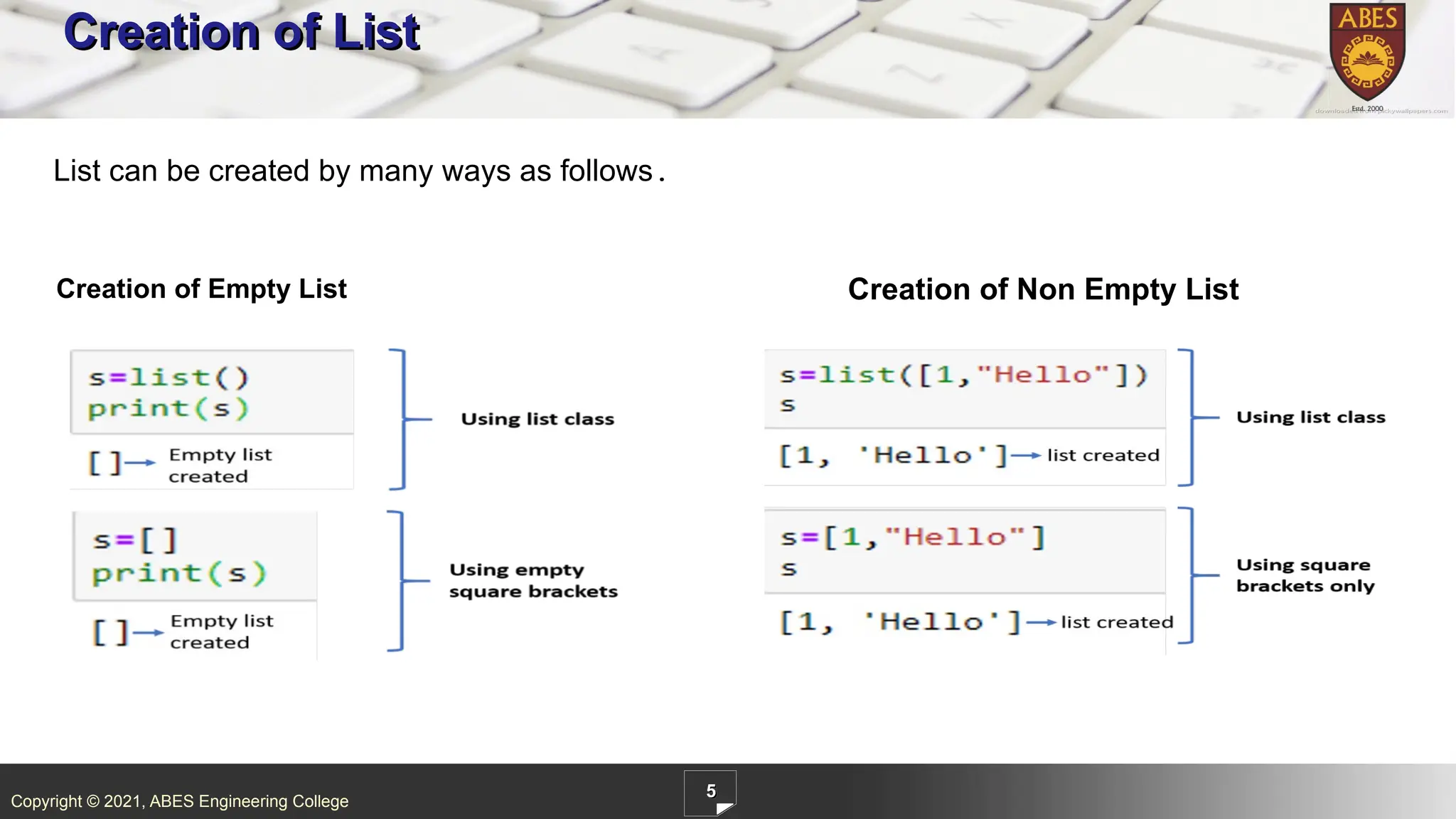 Copyright © 2021, ABES Engineering College
5
Creation of List
Creation of Empty List Creation of Non Empty List
List can be created by many ways as follows.
 