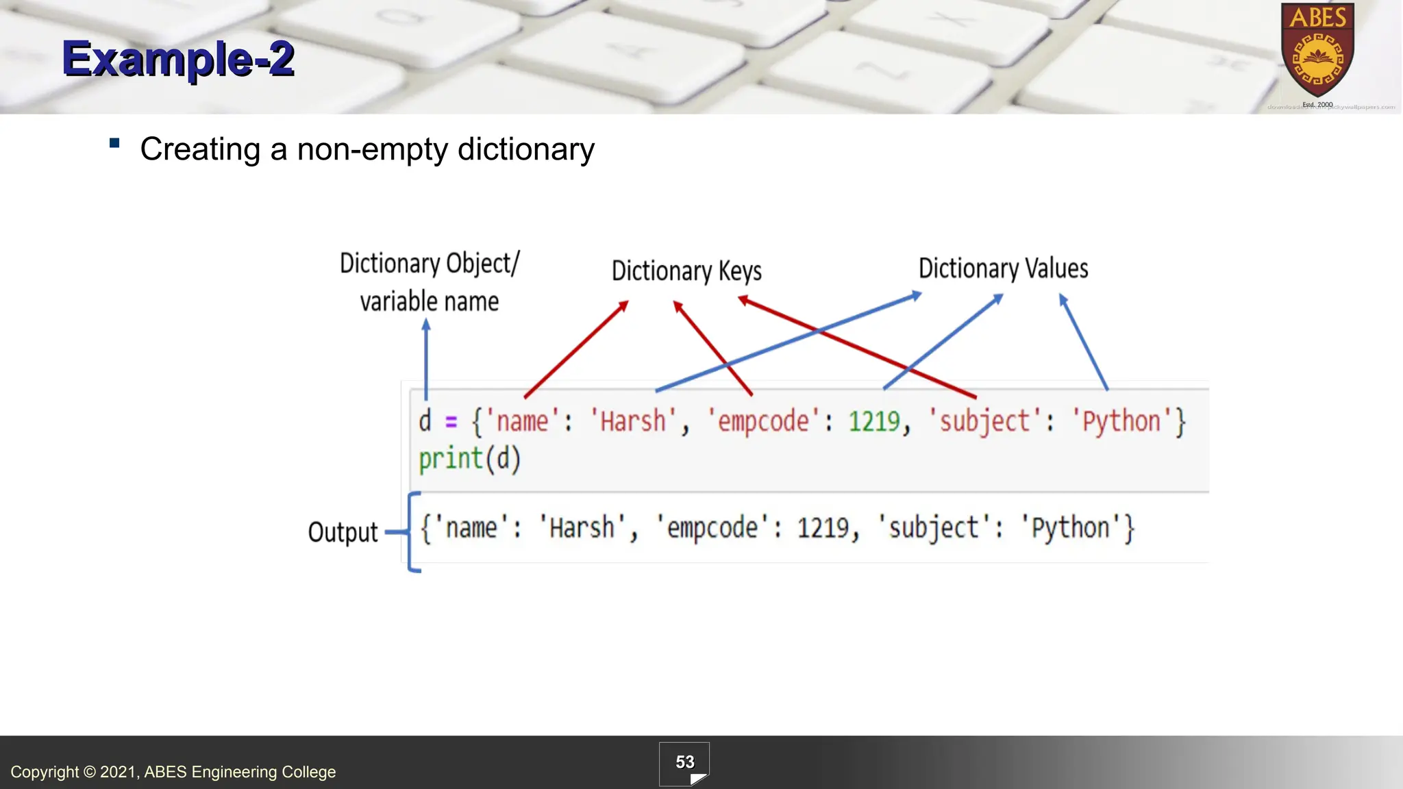 Copyright © 2021, ABES Engineering College
53
Example-2
 Creating a non-empty dictionary
 