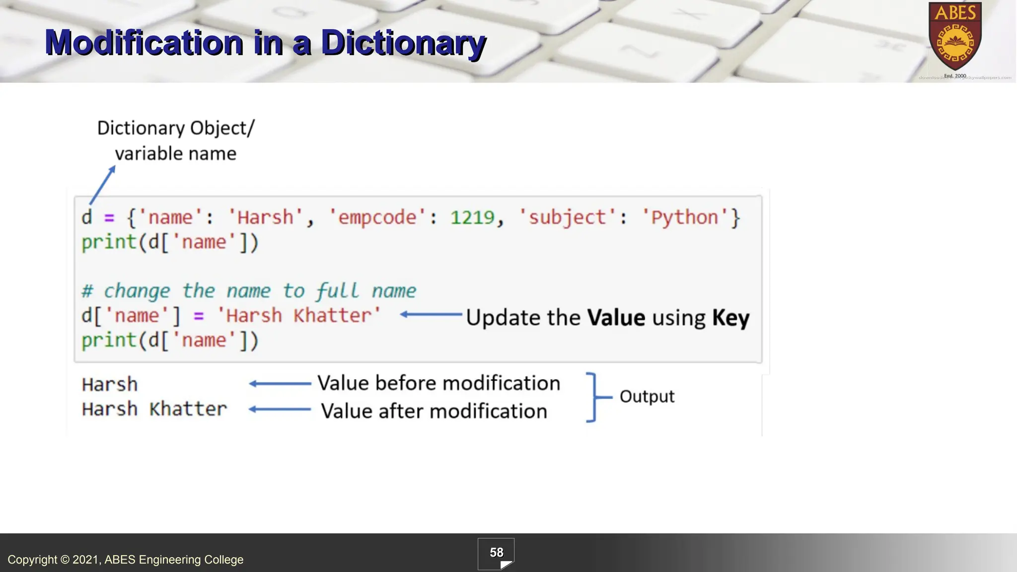 Copyright © 2021, ABES Engineering College
58
Modification in a Dictionary
 