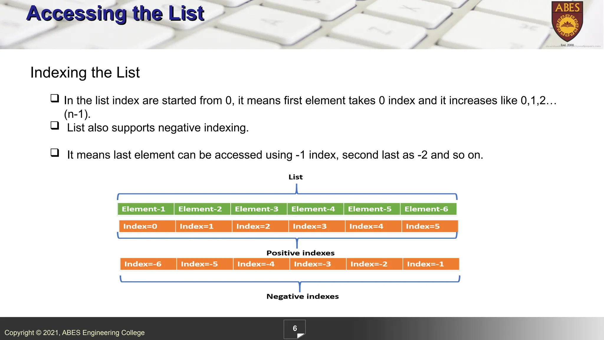 Copyright © 2021, ABES Engineering College
6
Accessing the List
 In the list index are started from 0, it means first element takes 0 index and it increases like 0,1,2…
(n-1).
 List also supports negative indexing.
 It means last element can be accessed using -1 index, second last as -2 and so on.
Indexing the List
 