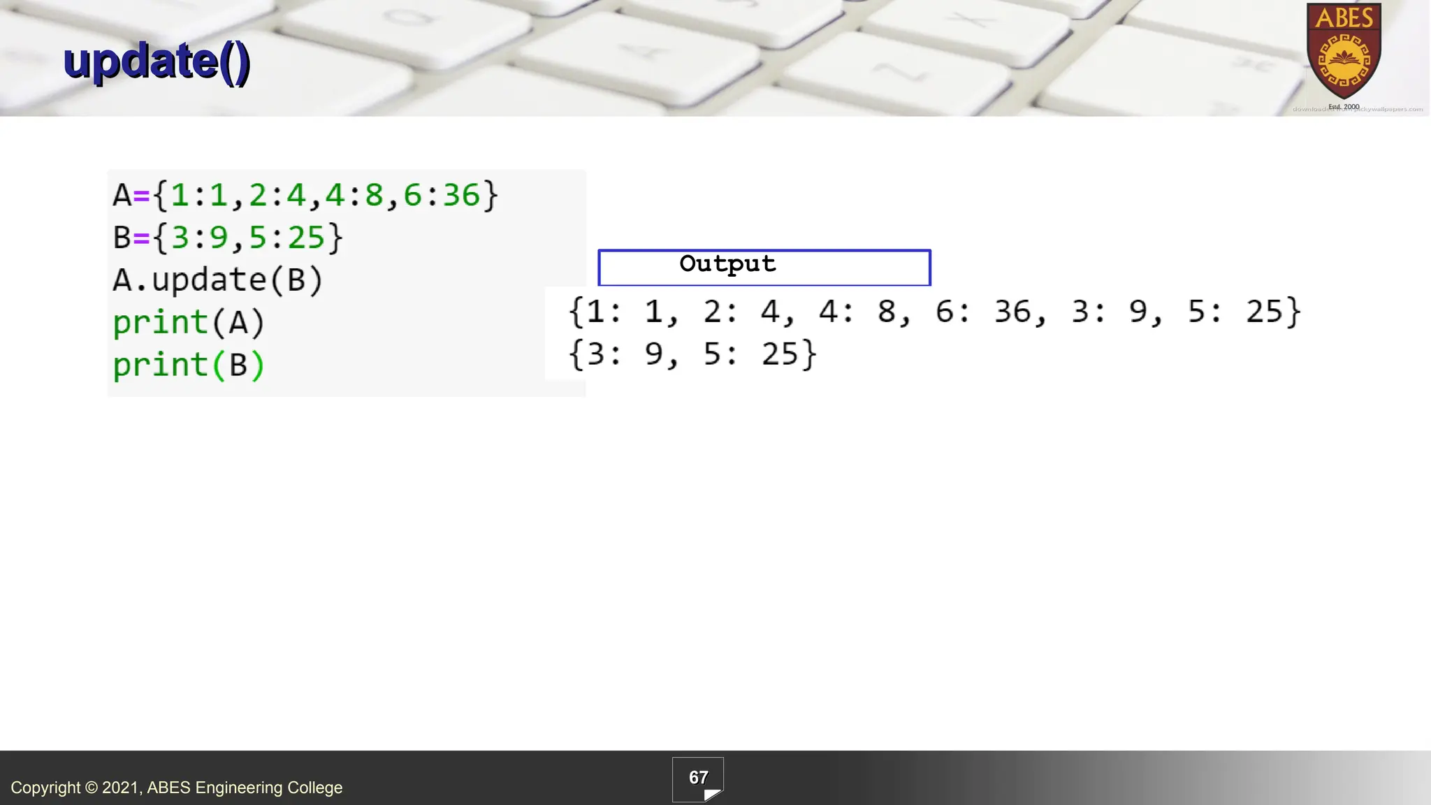 Copyright © 2021, ABES Engineering College
67
update()
Output
 