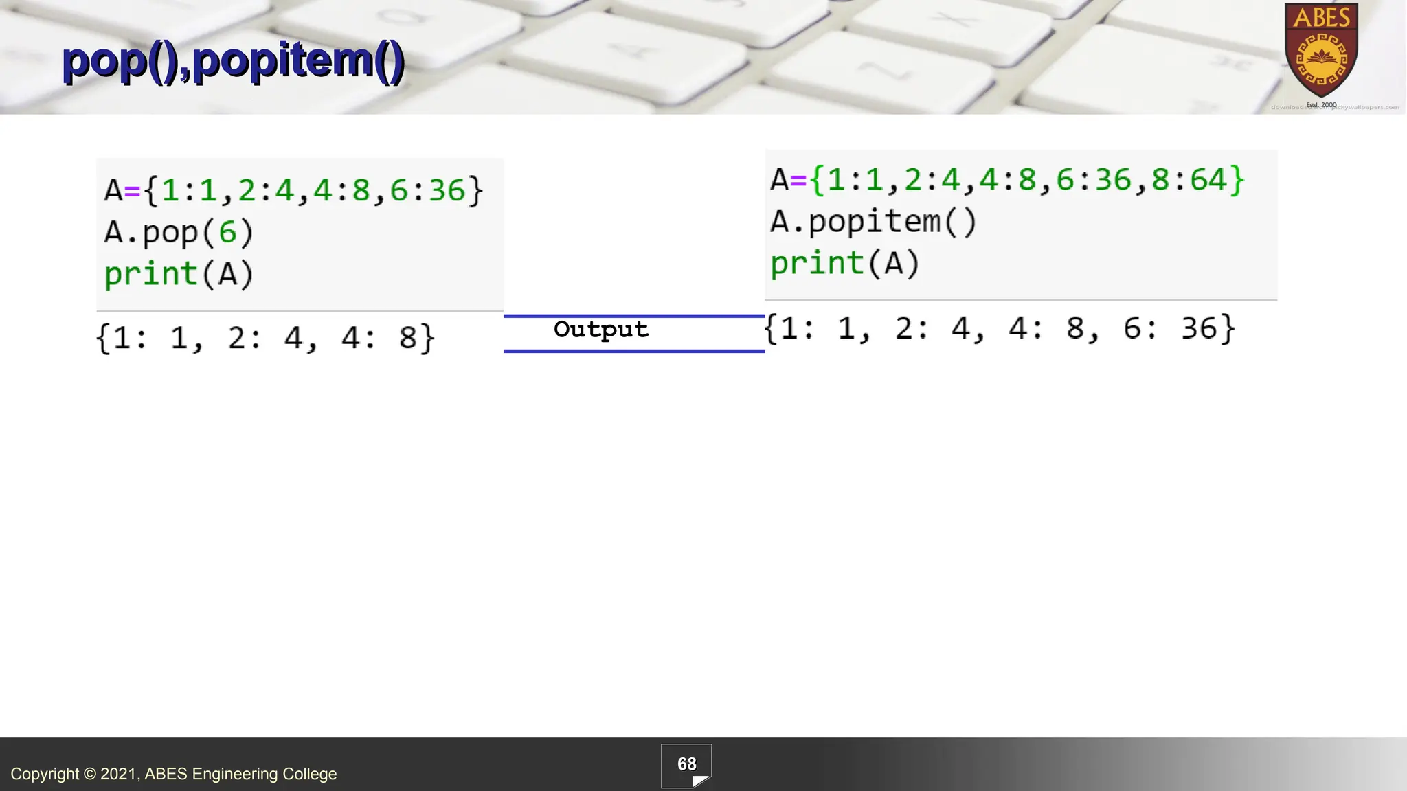 Copyright © 2021, ABES Engineering College
68
pop(),popitem()
Output
 