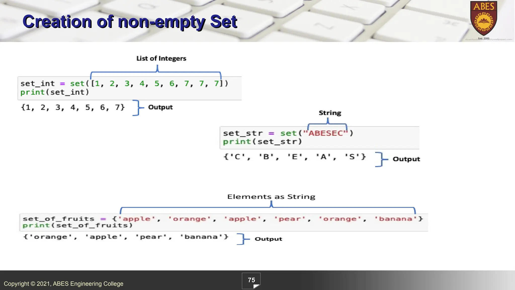 Copyright © 2021, ABES Engineering College
75
Creation of non-empty Set
 