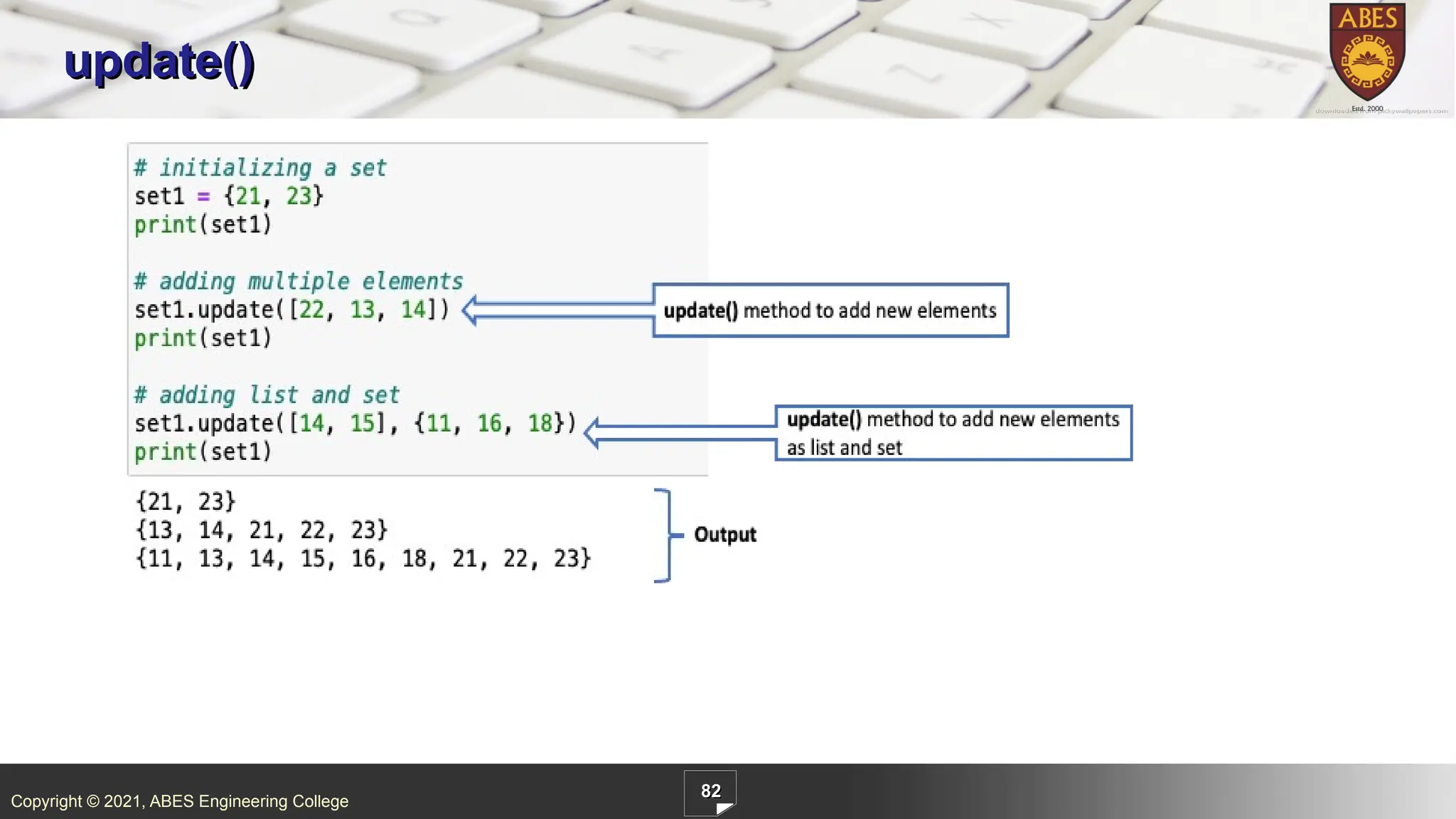 Copyright © 2021, ABES Engineering College
82
update()
 