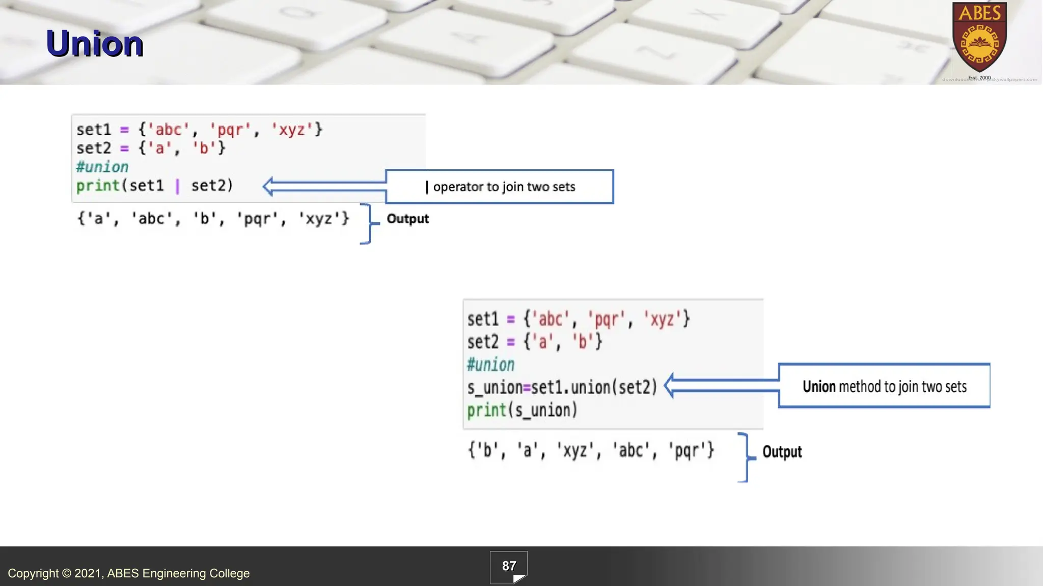 Copyright © 2021, ABES Engineering College
87
Union
 