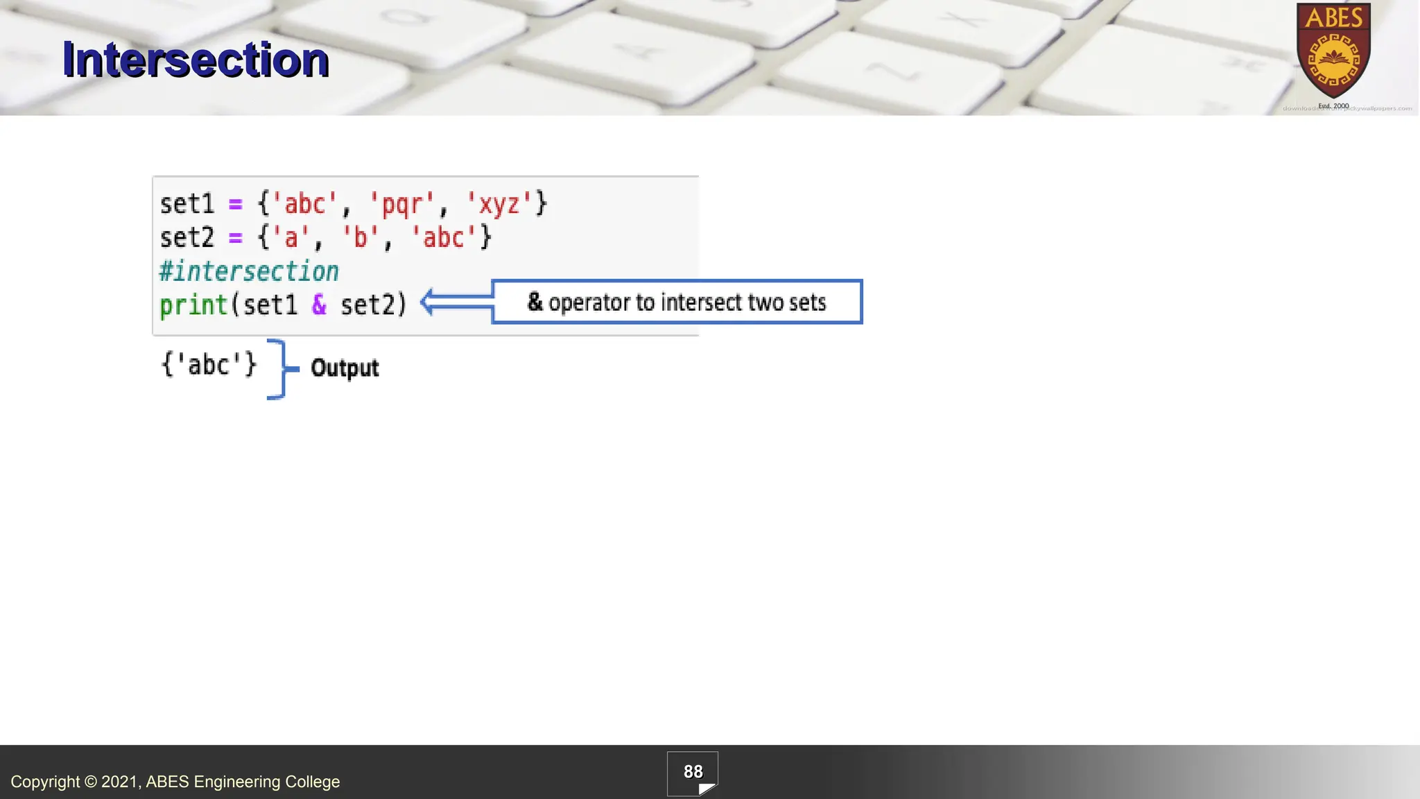 Copyright © 2021, ABES Engineering College
88
Intersection
 