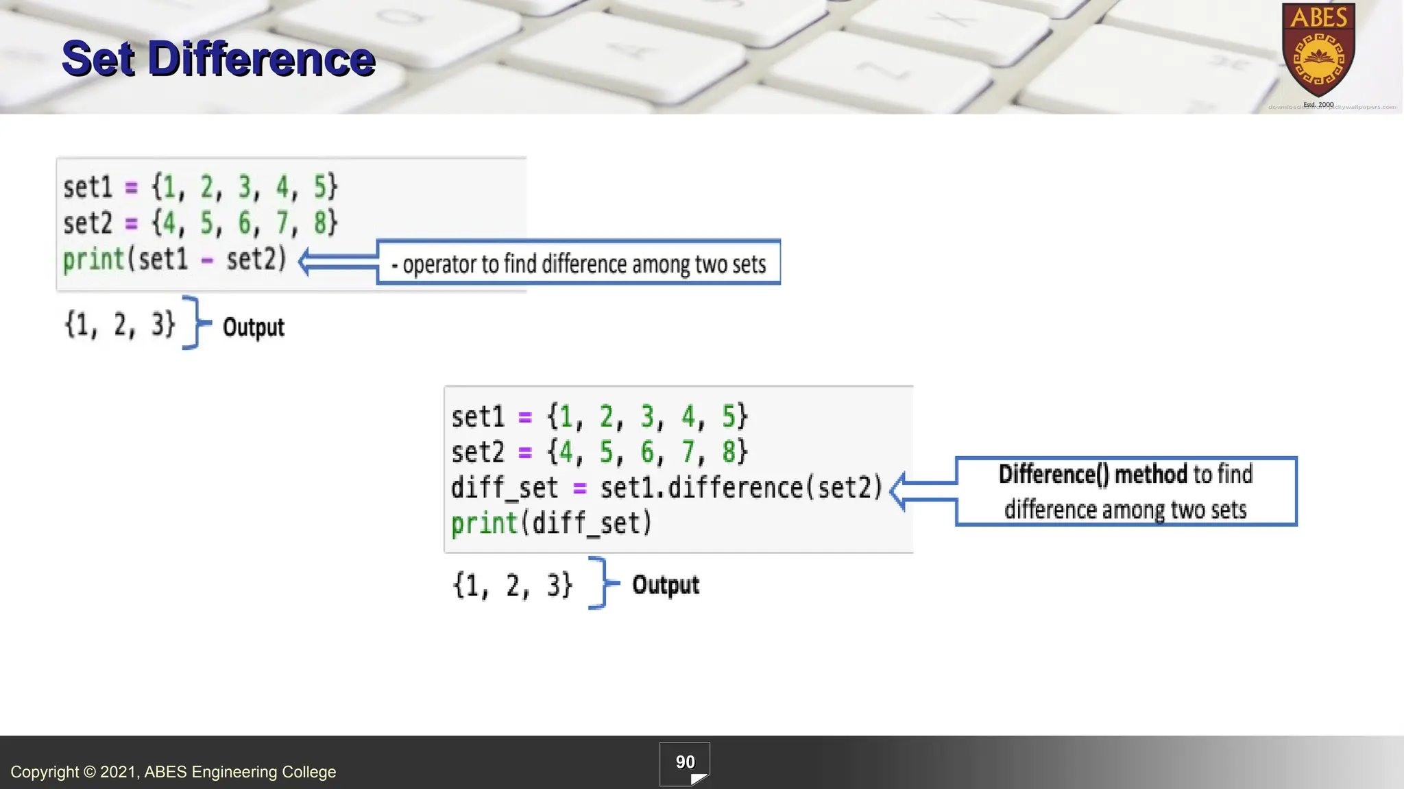 Copyright © 2021, ABES Engineering College
90
Set Difference
 