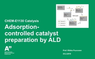 CHEM-E1130 Catalysis
Adsorption-
controlled catalyst
preparation by ALD
Prof. Riikka Puurunen
25.2.2019
ALD cycle
Substrate
before ALD
Step 2 /4
purge
Step 4 /4
purge
Step 1 /4
Reactant A
Step 3 /4
Reactant B
ALD cycle
Reactant A
Reactant B
By-product
Substrate
before ALD
Step 2 /4
purge
Step 4 /4
purge
Step 1 /4
Reactant A
Step 3 /4
Reactant B
 