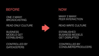 MANY 2 MANY:  
PEER INTERACTION
ESTABLISHED
BUSINESS MODELS
GET DISRUPTED
READ WRITE CULTURE
ONE 2 MANY:  
BROADCASTING
BUSINESS
MODELS GET
ESTABLISHED
READ ONLY CULTURE
BEFORE NOW
CONTROLLED BY
GATEKEEPERS
CONTROLLED BY
CONSUMERS/PRODUCERS
 