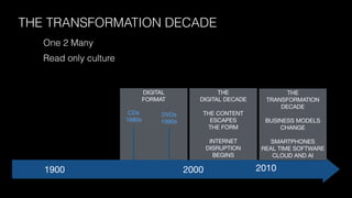 THE  
DIGITAL DECADE

THE CONTENT

ESCAPES

THE FORM

INTERNET 

DISRUPTION

BEGINS
DIGITAL 
FORMAT
1900 2000
CDs

1980s
DVDs

1990s
One 2 Many
Read only culture
THE  
TRANSFORMATION
DECADE

BUSINESS MODELS
CHANGE

SMARTPHONES 
REAL TIME SOFTWARE

CLOUD AND AI
2010
THE TRANSFORMATION DECADE
 