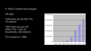 In 1950 a market has emerged
US data:
1946 there are 20.000 TVs,  
18 stations
1953 there are over 20 
million TVs – 44% of  
households, 300 stations
TV in Iceland in 1966
 