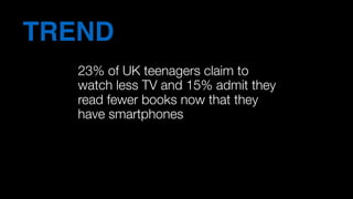 23% of UK teenagers claim to
watch less TV and 15% admit they
read fewer books now that they
have smartphones
TREND
 