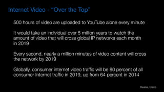 500 hours of video are uploaded to YouTube alone every minute
It would take an individual over 5 million years to watch the
amount of video that will cross global IP networks each month
in 2019
Every second, nearly a million minutes of video content will cross
the network by 2019
Globally, consumer internet video trafﬁc will be 80 percent of all
consumer Internet trafﬁc in 2019, up from 64 percent in 2014
Internet Video - “Over the Top”
Realse, Cisco
 