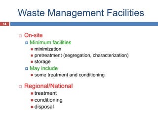 14
Waste Management Facilities
14
 On-site
 Minimum facilities
 minimization
 pretreatment (segregation, characterization)
 storage
 May include
 some treatment and conditioning
 Regional/National
 treatment
 conditioning
 disposal
 