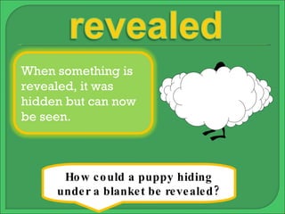 How could a puppy hiding under a blanket be revealed? When something is revealed, it was hidden but can now be seen. 