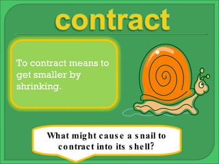 What might cause a snail to contract into its shell? To contract means to get smaller by shrinking. 