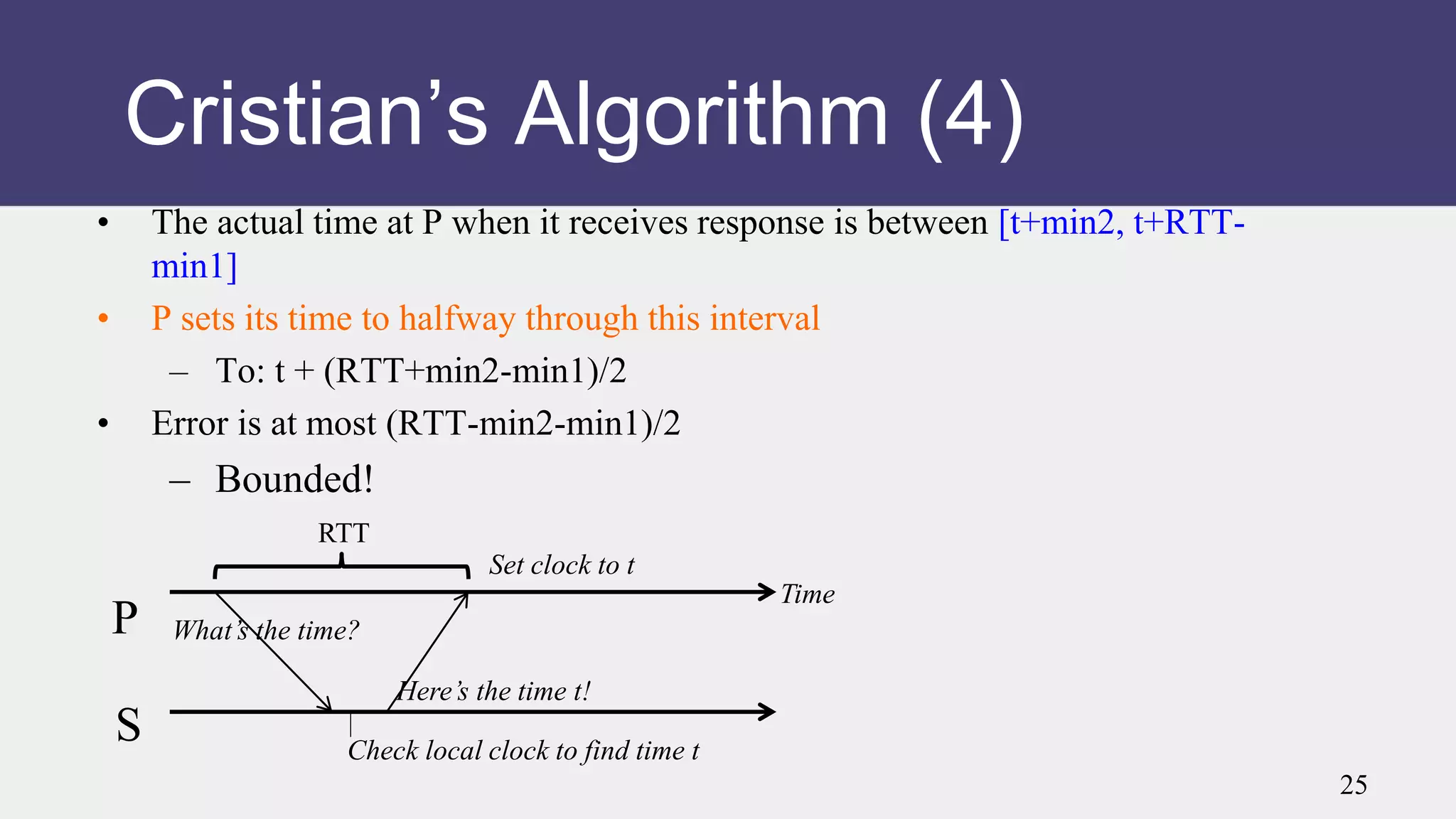 Cristian’s Algorithm (4)
• The actual time at P when it receives response is between [t+min2, t+RTT-
min1]
• P sets its time to halfway through this interval
– To: t + (RTT+min2-min1)/2
• Error is at most (RTT-min2-min1)/2
– Bounded!
P
S
Time
What’s the time?
Here’s the time t!
Check local clock to find time t
Set clock to t
RTT
25
 