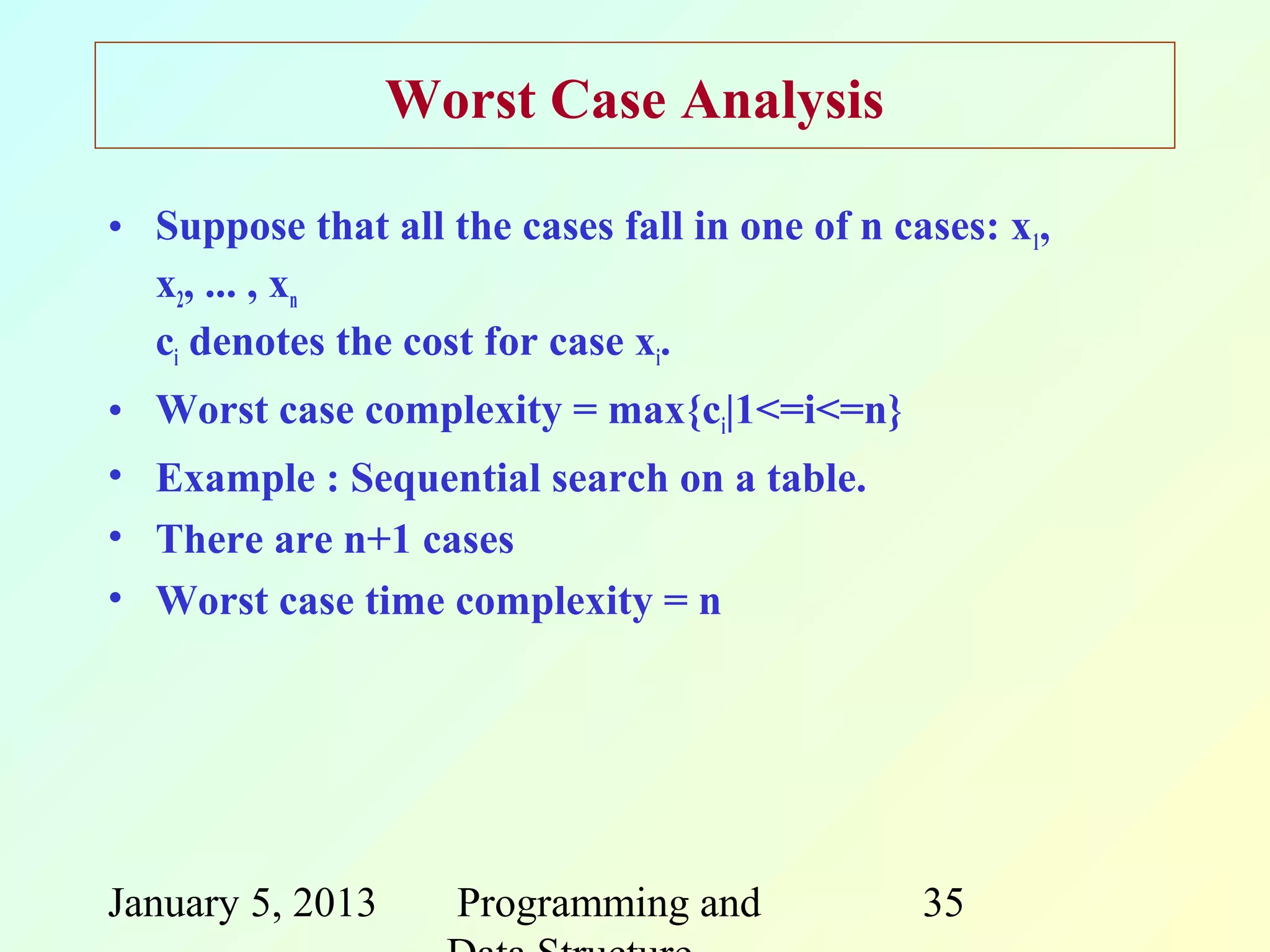 Worst Case Analysis

• Suppose that all the cases fall in one of n cases: x1,
  x2, ... , xn
  ci denotes the cost for case xi.
• Worst case complexity = max{ci|1<=i<=n}
• Example : Sequential search on a table.
• There are n+1 cases
• Worst case time complexity = n




January 5, 2013     Programming and             35
 