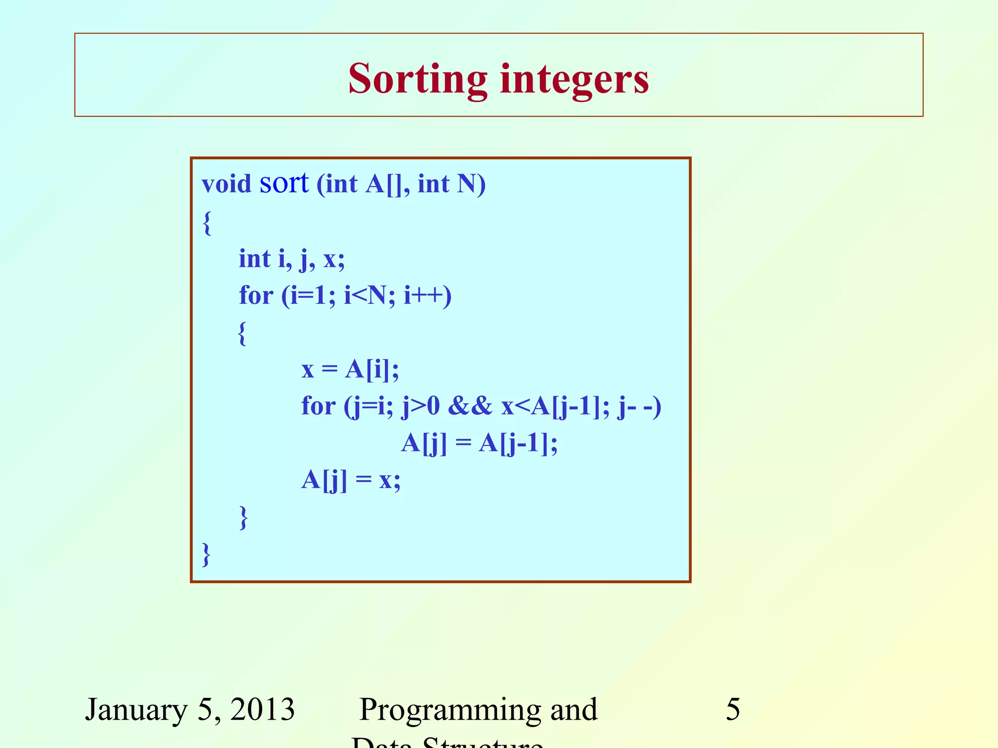 Sorting integers

        void sort (int A[], int N)
        {
           int i, j, x;
           for (i=1; i<N; i++)
           {
                  x = A[i];
                  for (j=i; j>0 && x<A[j-1]; j- -)
                            A[j] = A[j-1];
                  A[j] = x;
           }
        }




January 5, 2013       Programming and                5
 