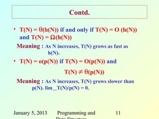 Contd.

• T(N) = θ(h(N)) if and only if T(N) = O (h(N))
  and T(N) = Ω(h(N))
 Meaning : As N increases, T(N) grows as fast as
                  h(N).
• T(N) = o(p(N)) if T(N) = O(p(N)) and
                          T(N) ≠ θ(p(N))
 Meaning : As N increases, T(N) grows slower than
        p(N). lim n→∞T(N)/p(N) = 0.



January 5, 2013      Programming and       11
 