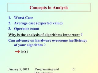 Concepts in Analysis

1. Worst Case
2. Average case (expected value)
3. Operator count
Why is the analysis of algorithms important ?
Can advance on hardware overcome inefficiency
   of your algorithm ?
    → NO !


January 5, 2013     Programming and      13
 