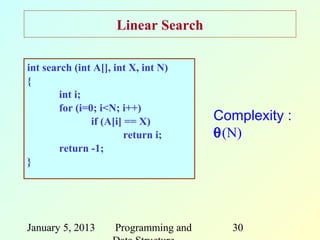 Linear Search

int search (int A[], int X, int N)
{
        int i;
        for (i=0; i<N; i++)
                if (A[i] == X)         Complexity :
                         return i;     θ(N)
        return -1;
}




January 5, 2013      Programming and     30
 