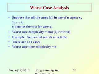 Worst Case Analysis

• Suppose that all the cases fall in one of n cases: x1,
  x2, ... , xn
  ci denotes the cost for case xi.
• Worst case complexity = max{ci|1<=i<=n}
• Example : Sequential search on a table.
• There are n+1 cases
• Worst case time complexity = n




January 5, 2013     Programming and             35
 