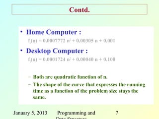 Contd.


  • Home Computer :
      f1(n) = 0.0007772 n2 + 0.00305 n + 0.001
  • Desktop Computer :
      f2(n) = 0.0001724 n2 + 0.00040 n + 0.100


      – Both are quadratic function of n.
      – The shape of the curve that expresses the running
        time as a function of the problem size stays the
        same.

January 5, 2013    Programming and               7
 