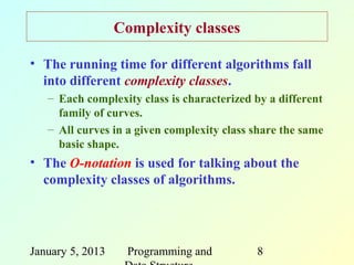 Complexity classes

• The running time for different algorithms fall
  into different complexity classes.
   – Each complexity class is characterized by a different
     family of curves.
   – All curves in a given complexity class share the same
     basic shape.
• The O-notation is used for talking about the
  complexity classes of algorithms.




January 5, 2013    Programming and          8
 