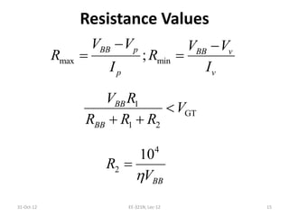 Resistance Values
31-Oct-12 EE-321N, Lec-12 15
max min;
BB p BB v
p v
V V V V
R R
I I
 
 
1
GT
1 2
BB
BB
V R
V
R R R

 
4
2
10
BB
R
V

 