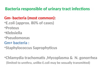 Bacteria responsible of urinary tract infections
Gm- bacteria (most common):
•E.coli (approx. 80% of cases)
•Proteus
•Klebsiella
•Pseudomonas
Gm+ bacteria :
•Staphylococcus Saprophyticus
•Chlamydia trachomatis ,Mycoplasma & N. gonorrhea
(limited to urethra, unlike E.coli may be sexually transmitted)
 