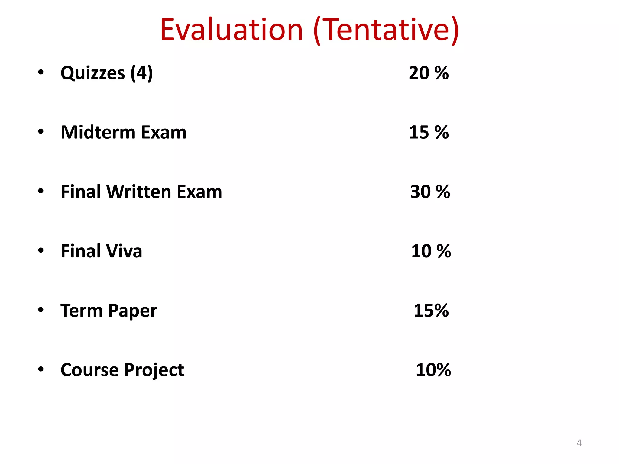 Evaluation (Tentative)
• Quizzes (4) 20 %
• Midterm Exam 15 %
• Final Written Exam 30 %
• Final Viva 10 %
• Term Paper 15%
• Course Project 10%
4
 