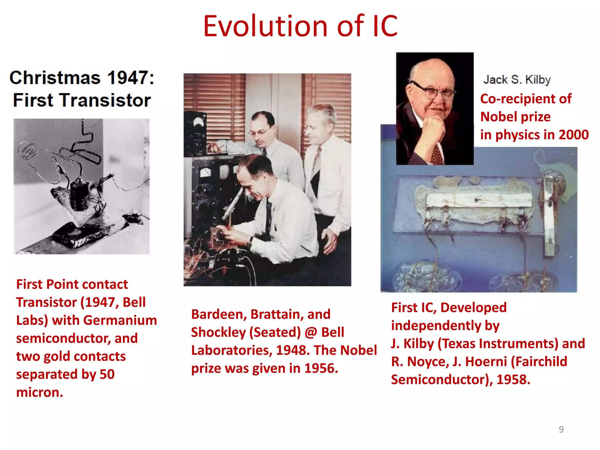 Evolution of IC
9
Bardeen, Brattain, and
Shockley (Seated) @ Bell
Laboratories, 1948. The Nobel
prize was given in 1956.
First Point contact
Transistor (1947, Bell
Labs) with Germanium
semiconductor, and
two gold contacts
separated by 50
micron.
First IC, Developed
independently by
J. Kilby (Texas Instruments) and
R. Noyce, J. Hoerni (Fairchild
Semiconductor), 1958.
Co-recipient of
Nobel prize
in physics in 2000
 