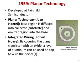 1959: Planar Technology
• Developed at Fairchild
Semiconductor
• Planar Technology (Jean
Hoerni): base region is diffused
into collector (substrate) and
emitter region into the base
• Integrated Wiring (Robert
Noyce): By covering the planar
transistor with an oxide, a layer
of aluminum can be used on top
to wire the device(s)
10
 