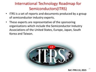 International Technology Roadmap for
Semiconductors(ITRS)
• ITRS is a set of reports and documents produced by a group
of semiconductor industry experts.
• These experts are representative of the sponsoring
organisations which include the Semiconductor Industry
Associations of the United States, Europe, Japan, South
Korea and Taiwan.
24
Ref. ITRS 2.0, 2015
 