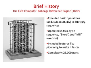 Brief History
The First Computer: Babbage Difference Engine (1832)
•Executed basic operations
(add, sub, mult, div) in arbitrary
sequences
•Operated in two-cycle
sequence, “Store”, and “Mill”
(execute)
•Included features like
pipelining to make it faster.
•Complexity: 25,000 parts.
 