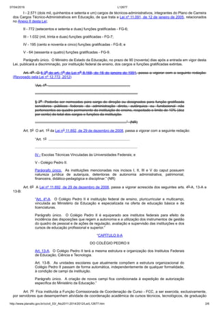 07/04/2019 L12677
http://www.planalto.gov.br/ccivil_03/_Ato2011-2014/2012/Lei/L12677.htm 2/6
I - 2.571 (dois mil, quinhentos e setenta e um) cargos de técnicos-administrativos, integrantes do Plano de Carreira
dos Cargos Técnico-Administrativos em Educação, de que trata a Lei nº 11.091, de 12 de janeiro de 2005, relacionados
no Anexo II desta Lei;
II - 772 (setecentos e setenta e duas) funções gratificadas - FG-6;
III - 1.032 (mil, trinta e duas) funções gratificadas - FG-7;
IV - 195 (cento e noventa e cinco) funções gratificadas - FG-8; e
V - 64 (sessenta e quatro) funções gratificadas - FG-9.
Parágrafo único. O Ministro de Estado da Educação, no prazo de 90 (noventa) dias após a entrada em vigor desta
Lei, publicará a discriminação, por instituição federal de ensino, dos cargos e funções gratificadas extintas.
Art. 4o O § 3o do art. 1o da Lei no 8.168, de 16 de janeiro de 1991, passa a vigorar com a seguinte redação:
(Revogado pela Lei nº 12.772, 2012)
“Art. 1o ..................................................................................
.......................................................................................................
§ 3o Poderão ser nomeados para cargo de direção ou designados para função gratificada
servidores públicos federais da administração direta, autárquica ou fundacional não
pertencentes ao quadro permanente da instituição de ensino, respeitado o limite de 10% (dez
por cento) do total dos cargos e funções da instituição.
............................................................................................” (NR)
Art. 5o O art. 1o da Lei no 11.892, de 29 de dezembro de 2008, passa a vigorar com a seguinte redação:
“Art. 1o ..................................................................................
.......................................................................................................
IV - Escolas Técnicas Vinculadas às Universidades Federais; e
V - Colégio Pedro II.
Parágrafo único. As instituições mencionadas nos incisos I, II, III e V do caput possuem
natureza jurídica de autarquia, detentoras de autonomia administrativa, patrimonial,
financeira, didático-pedagógica e disciplinar.” (NR)
Art. 6o A Lei nº 11.892, de 29 de dezembro de 2008, passa a vigorar acrescida dos seguintes arts. 4o-A, 13-A e
13-B:
“Art. 4º-A. O Colégio Pedro II é instituição federal de ensino, pluricurricular e multicampi,
vinculada ao Ministério da Educação e especializada na oferta de educação básica e de
licenciaturas.
Parágrafo único. O Colégio Pedro II é equiparado aos institutos federais para efeito de
incidência das disposições que regem a autonomia e a utilização dos instrumentos de gestão
do quadro de pessoal e de ações de regulação, avaliação e supervisão das instituições e dos
cursos de educação profissional e superior.”
“CAPÍTULO II-A
DO COLÉGIO PEDRO II
Art. 13-A. O Colégio Pedro II terá a mesma estrutura e organização dos Institutos Federais
de Educação, Ciência e Tecnologia.
Art. 13-B. As unidades escolares que atualmente compõem a estrutura organizacional do
Colégio Pedro II passam de forma automática, independentemente de qualquer formalidade,
à condição de campi da instituição.
Parágrafo único. A criação de novos campi fica condicionada à expedição de autorização
específica do Ministério da Educação.”
Art. 7o Fica instituída a Função Comissionada de Coordenação de Curso - FCC, a ser exercida, exclusivamente,
por servidores que desempenhem atividade de coordenação acadêmica de cursos técnicos, tecnológicos, de graduação
 