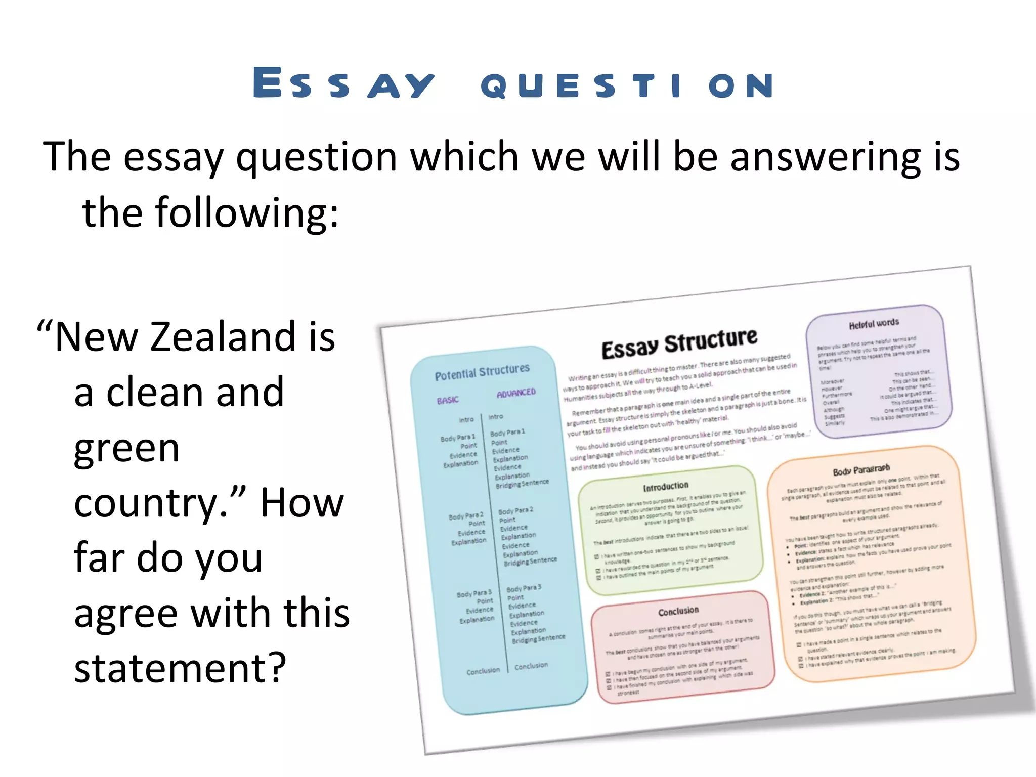 Essay question The essay question which we will be answering is the following: “ New Zealand is a clean and green country.” How far do you agree with this statement? 