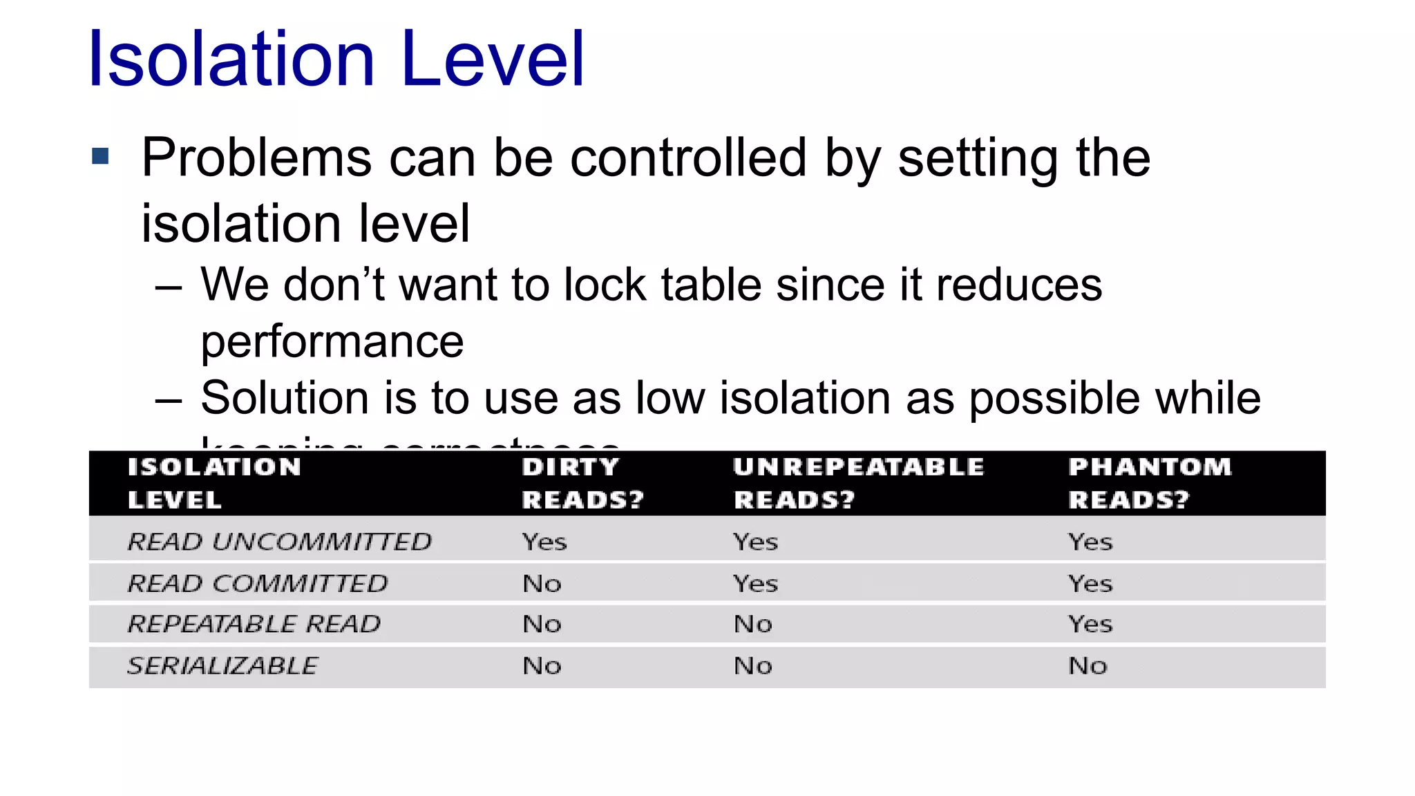 Isolation Level
 Problems can be controlled by setting the
isolation level
– We don’t want to lock table since it reduces
performance
– Solution is to use as low isolation as possible while
keeping correctness

 