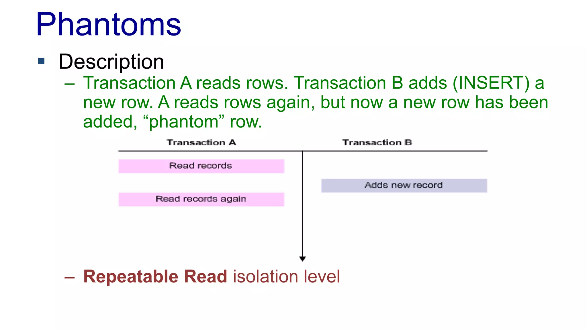 Phantoms
 Description

– Transaction A reads rows. Transaction B adds (INSERT) a
new row. A reads rows again, but now a new row has been
added, “phantom” row.

– Repeatable Read isolation level

 